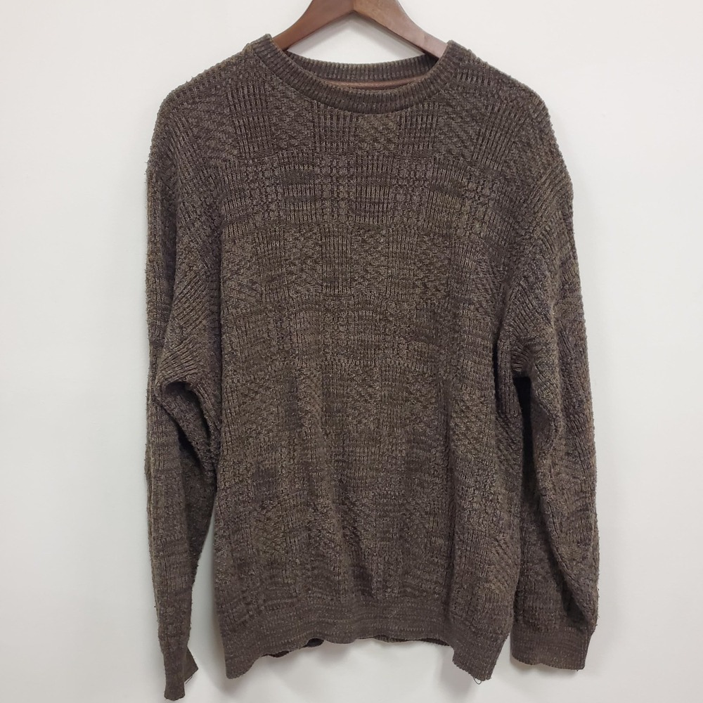 Vintage Oscar De La‎ Renta Check Plaid Cable Knit Sweater Size XL Brown Preppy